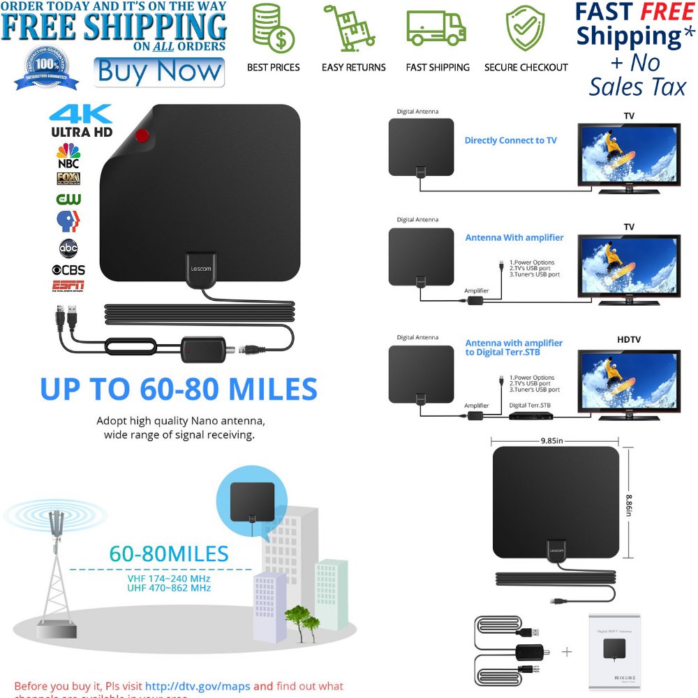 DIGITAL ANTENNA TV HDTV 50-80 MILES LONG RANGE HQ INDOOR ANTENA Freeview Black