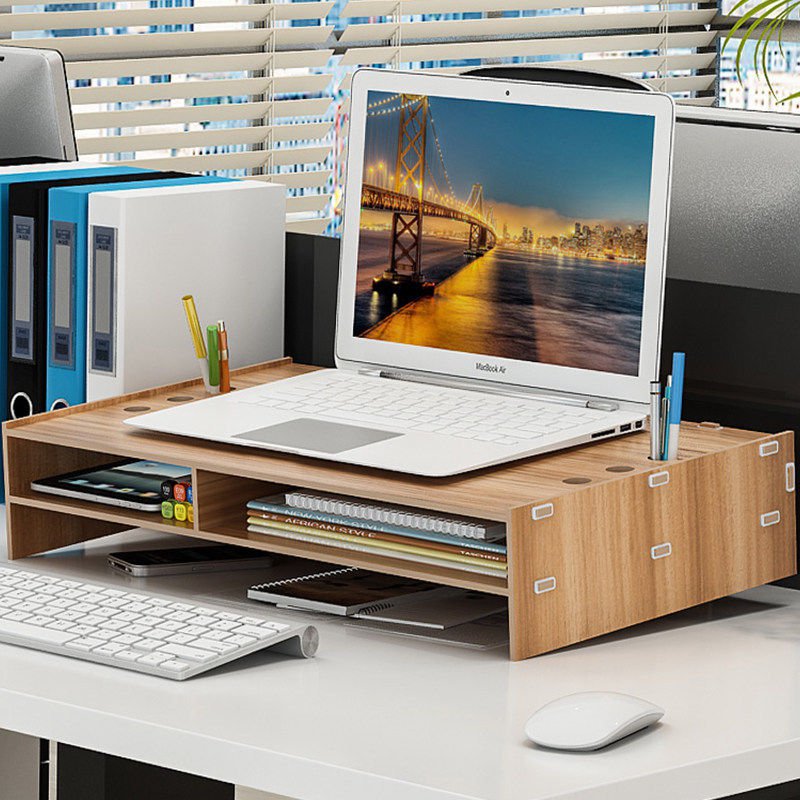 Wooden Computer Monitor Laptop Riser Desktop Organizer Space Saver Storage Box