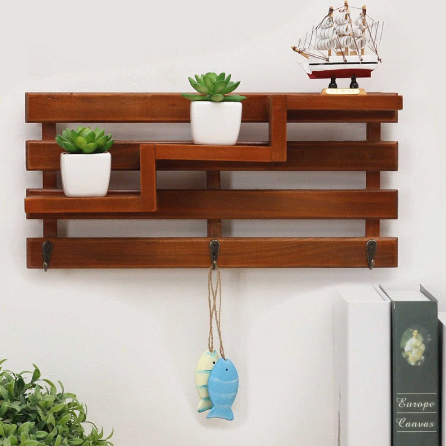 Wall Mount Storage Box Wood Boxes Hanging Key Rack Shelf Flower Pot Organizer