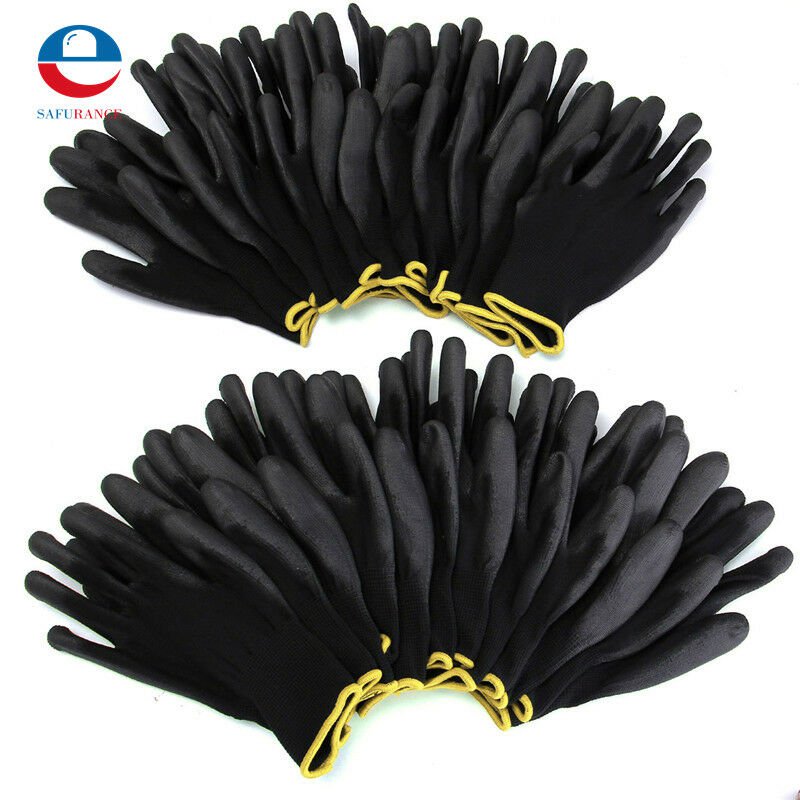 New Arrival 12 Pairs Black Nylon PU Safety Work Gloves Builders Grip For Palm