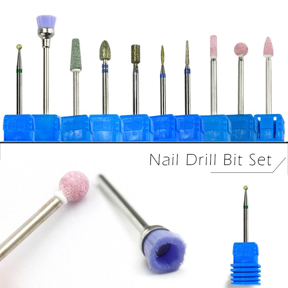 10pcs Nail Drill Bit Set Diamond Rotate Burr Cleaner Manicure Pedicure Electric
