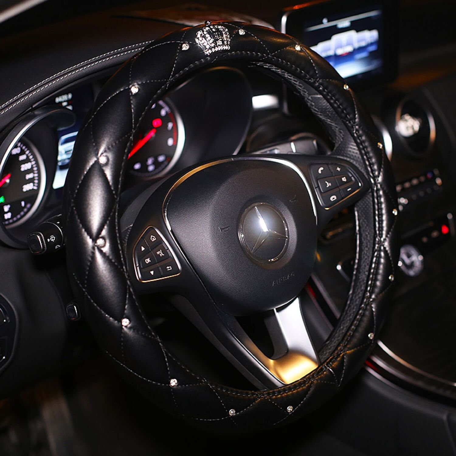 Car Steering Wheel Cover Leather Covered Rhinestone Diamond Women Girls Styling