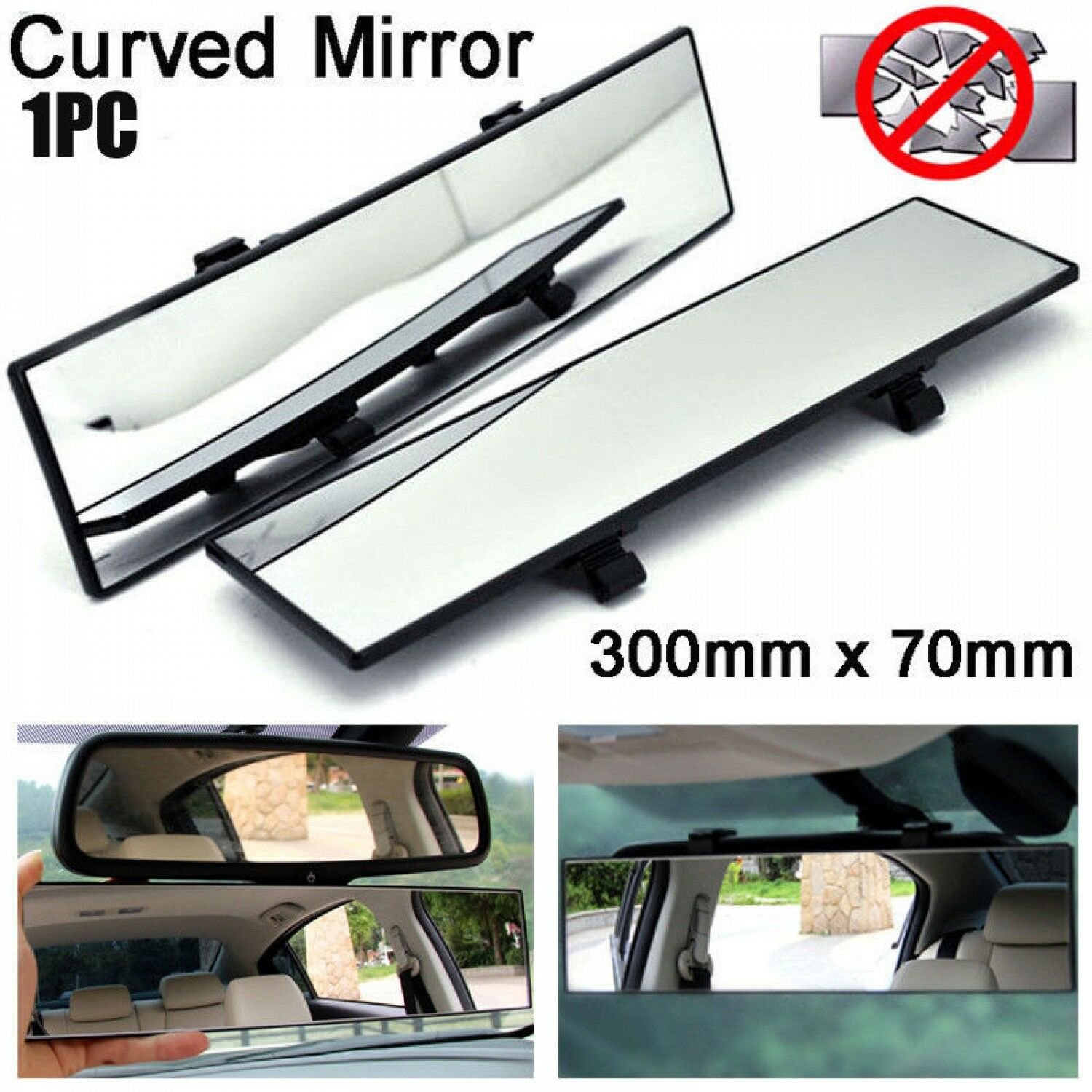 Car Rear View Mirror 300mm Wide Curve Panorama Clear Black Back Inside Indoor