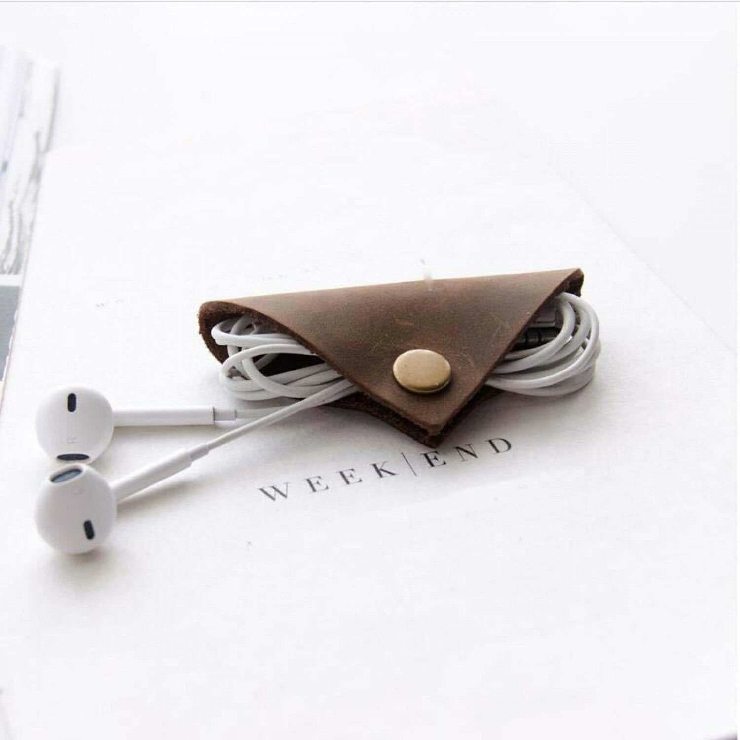 Genuine Leather Earphone Cable winder wrapped Cord Line Plug Bobbin Winder Clip