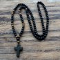 Wood Beads + Stone Cross Pendant Rosary Men Necklace Jewelry Chain Catholic Gift