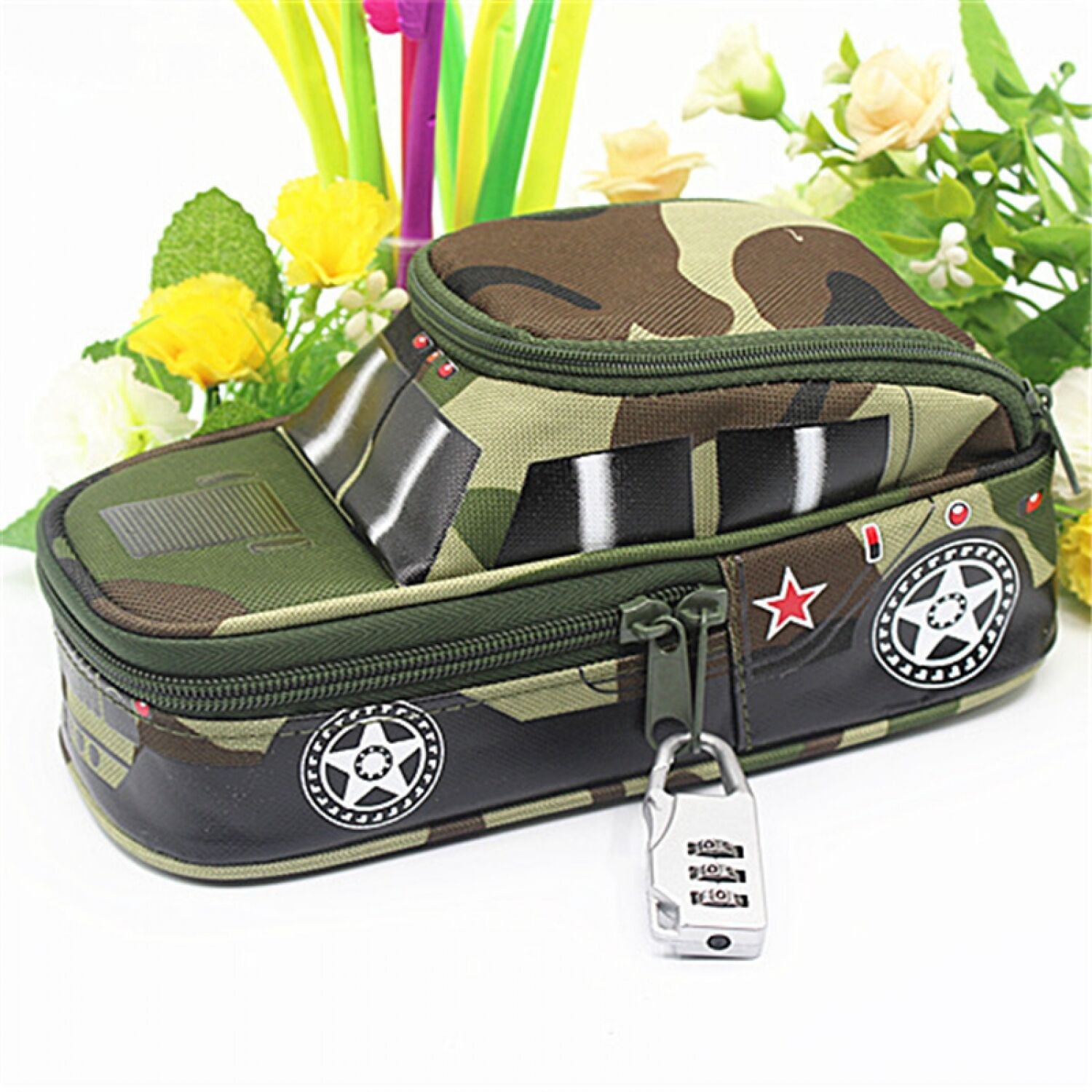Pen School Pencil Case Tank Bag With Combination Lock For Boys Kids Double Zip
