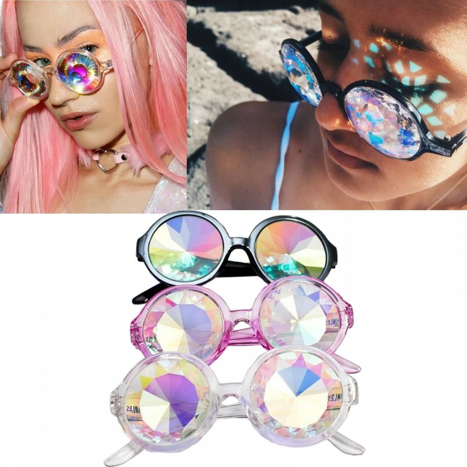 Kaleidoscope Sunglasses Diffraction Crystal Prism Glasses Round Rainbow Fashion