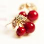 2018 New Fashion Cute Lovely Red Cherry Earrings Rhinestone Leaf Bead Stud