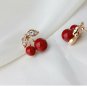 2018 New Fashion Cute Lovely Red Cherry Earrings Rhinestone Leaf Bead Stud