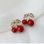 2018 New Fashion Cute Lovely Red Cherry Earrings Rhinestone Leaf Bead Stud