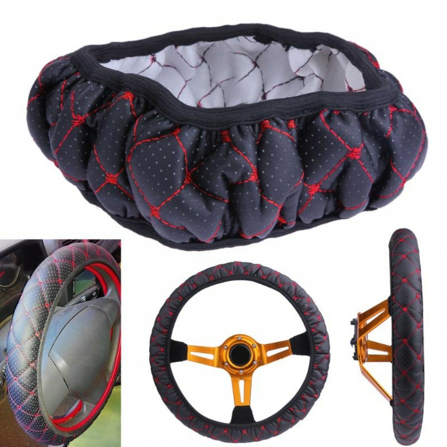 Black Red Car Steering Wheel Covers Elastic Embroidered Cover for 38cm Diameter