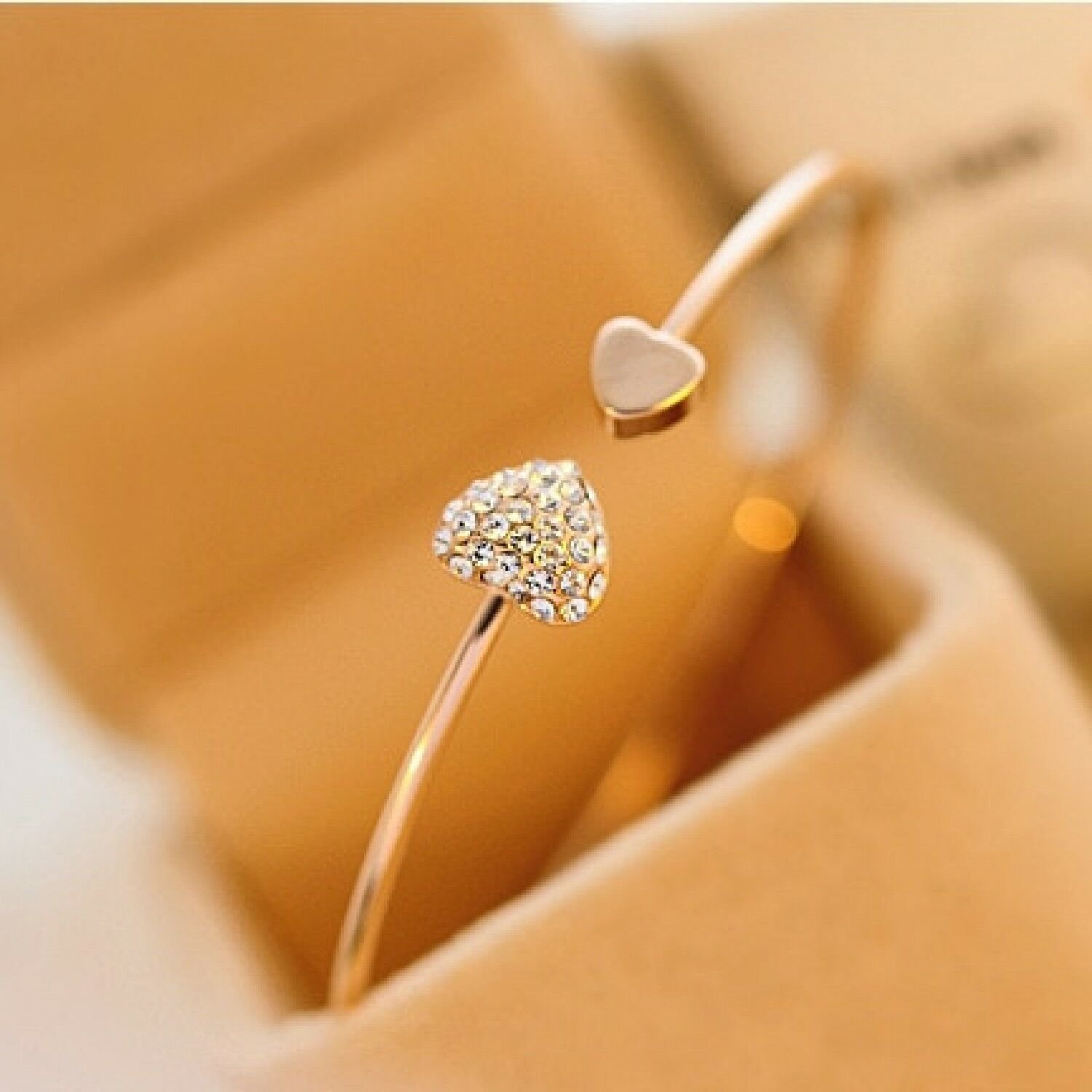 2018 Hot New Fashion Adjustable Crystal Double Heart Bow Bilezik Cuff Opening