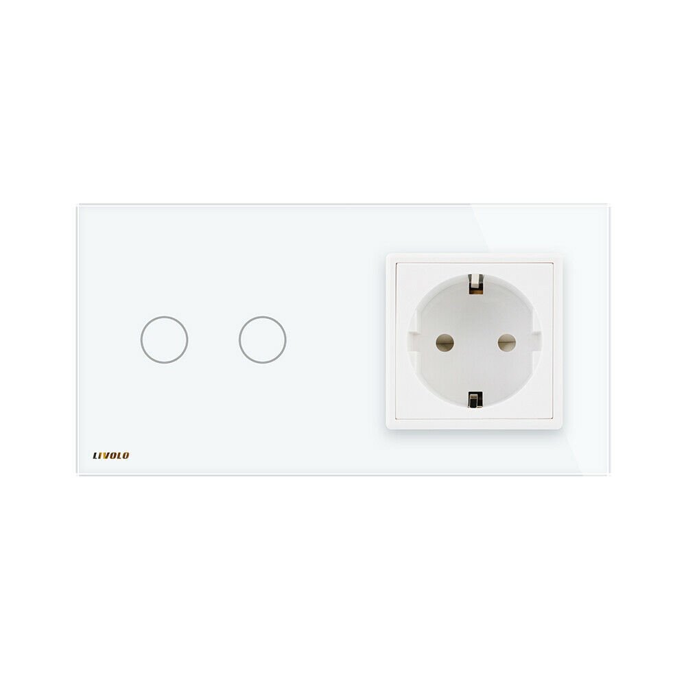 Livolo White Glass Touch Switch With EU Wall Socket VL-C702-11/VL-C7C1EU-11