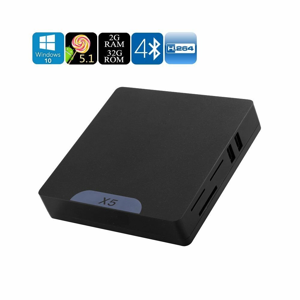 X5 Mini PC - Dual-OS, Android 5.1, Windows 10, Quad-Core Intel Atom CPU, 2GB
