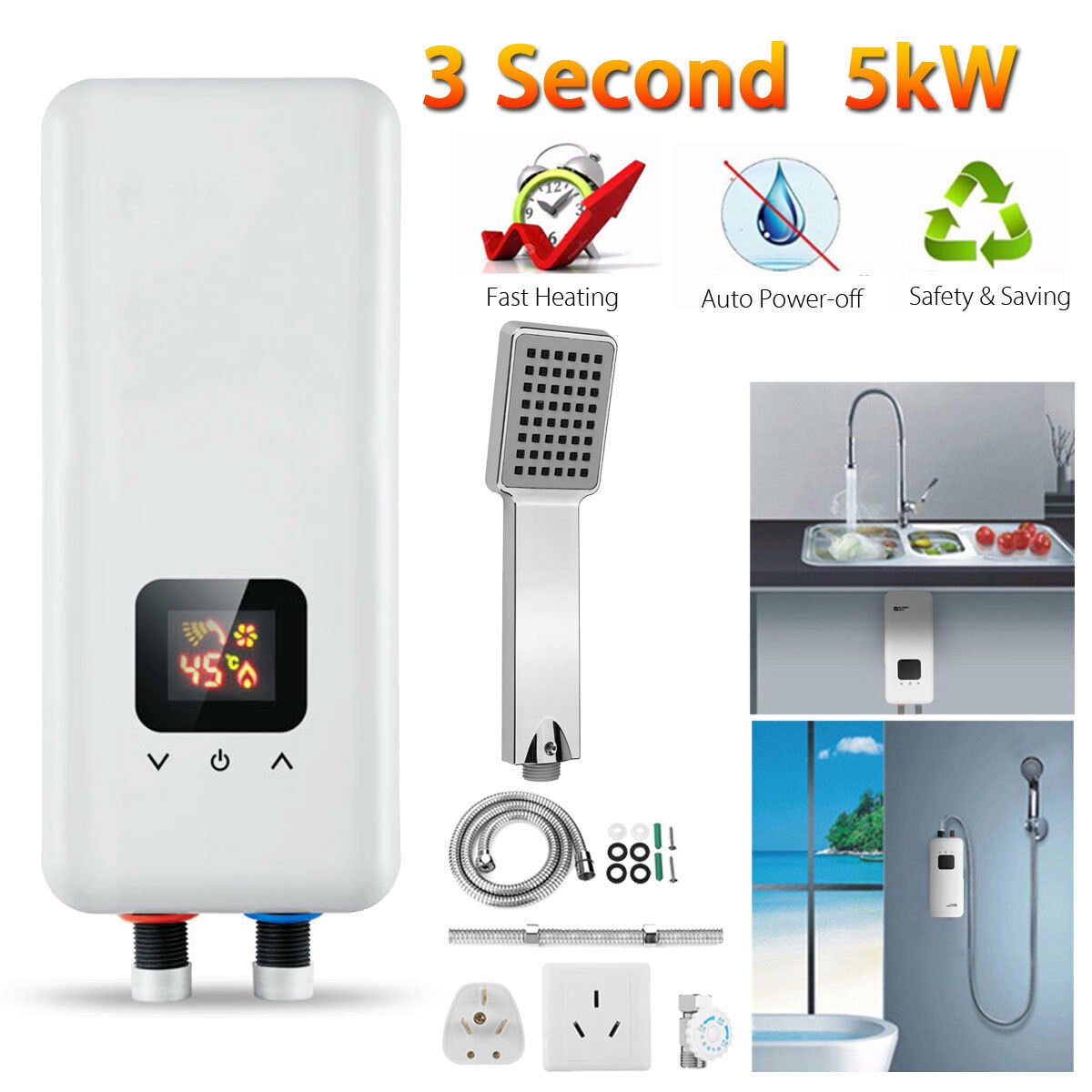 220v 5500w Mini Tankless Instant Electric Hot Water Heater Set Bathroom Shower 