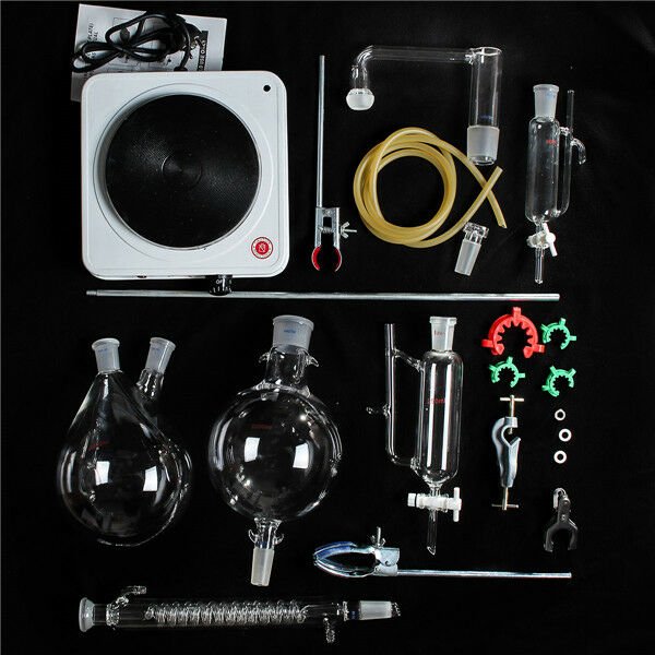 Glass Steam Distillation Lab Apparatus Essential Oil Extraction Kit 1500mW Stove