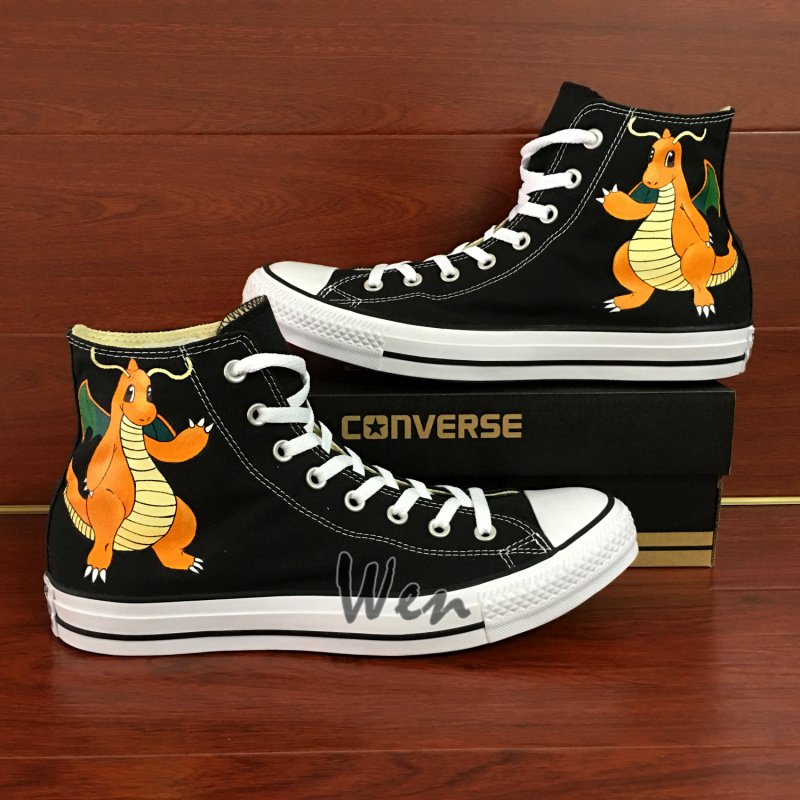 Pokemon Dragonite Converse All Star Shoes Hand Painted Canvas Sneakers High Top Black Shoes Gifts