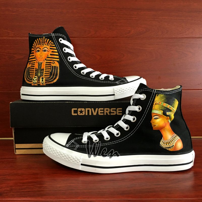 Custom Hand Painted Shoes Converse Cleopatra Egyptian Pharaoh Black High Top Canvas Sneakers