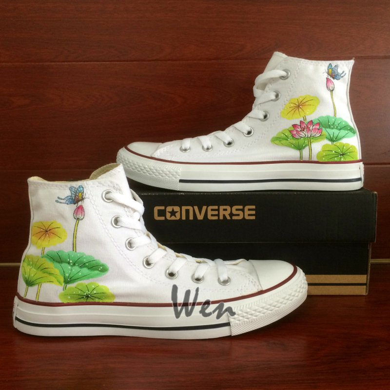 Custom Design Lotus Converse All Star Shoes Men Women Hand Painted Canvas Shoes Fashion Sneakers