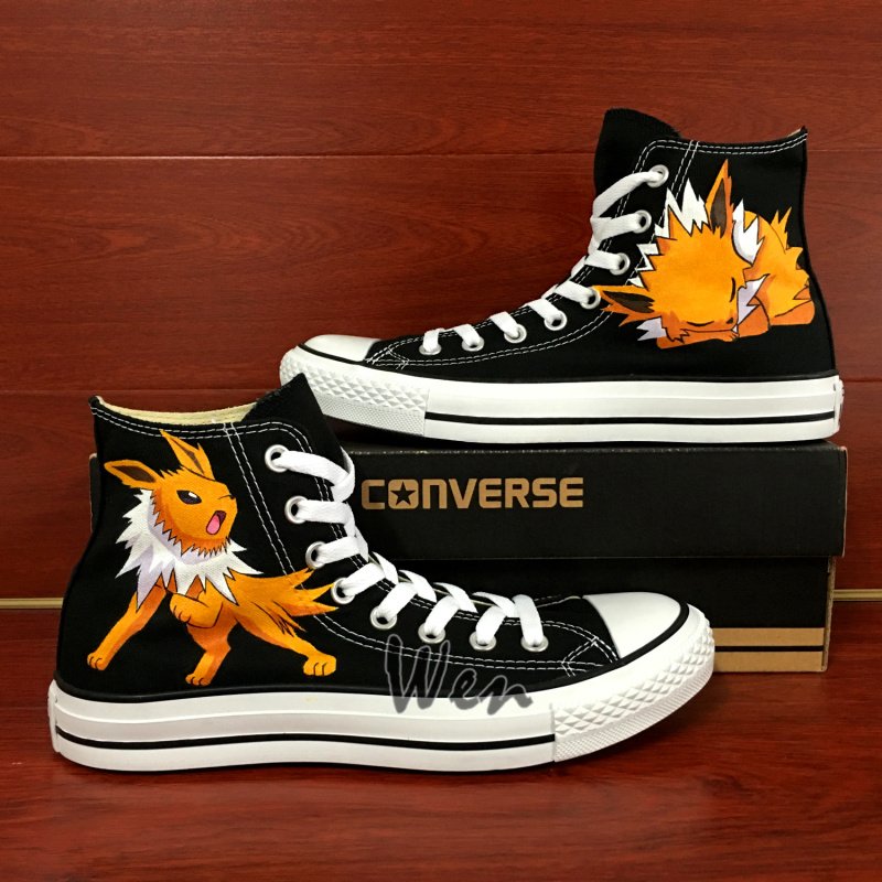 Black Converse All Star Pokemon Jolteon Fox Custom Hand Painted Canvas Shoes Unique Presents