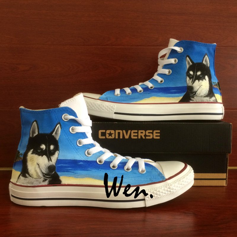 Pet Dog Husky At The Beach Hand Painted Shoes Converse Custom Design High Top Canvas Sneakers