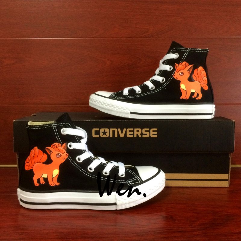 Men Women Converse Shoes Pokemon Vulpix Hand Painted Shoes Black High Top Canvas Sneakers Gifts