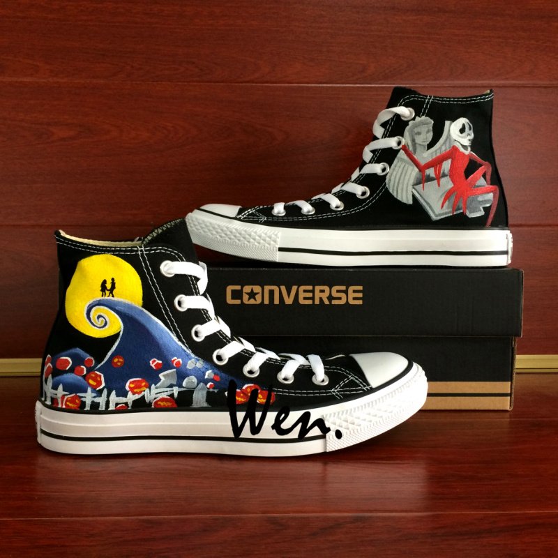 Fashion Converse Shoes Nightmare Before Christmas Hand Painted Shoes High Top Black Canvas Sneakers