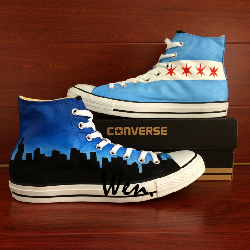 Hand Painted Shoes Converse Chicago Flag City Skyline Men Women High Top Canvas Sneakers Gifts