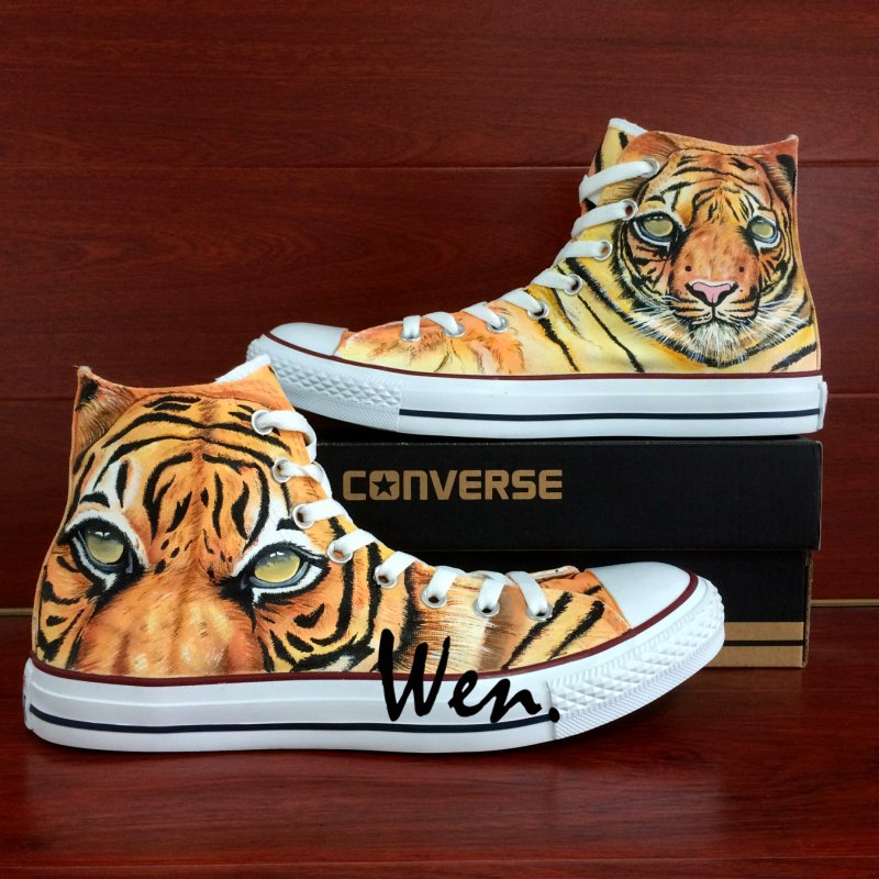 Unique Converse Sneakers Tiger Hand Painted Shoes High Top Canvas ...