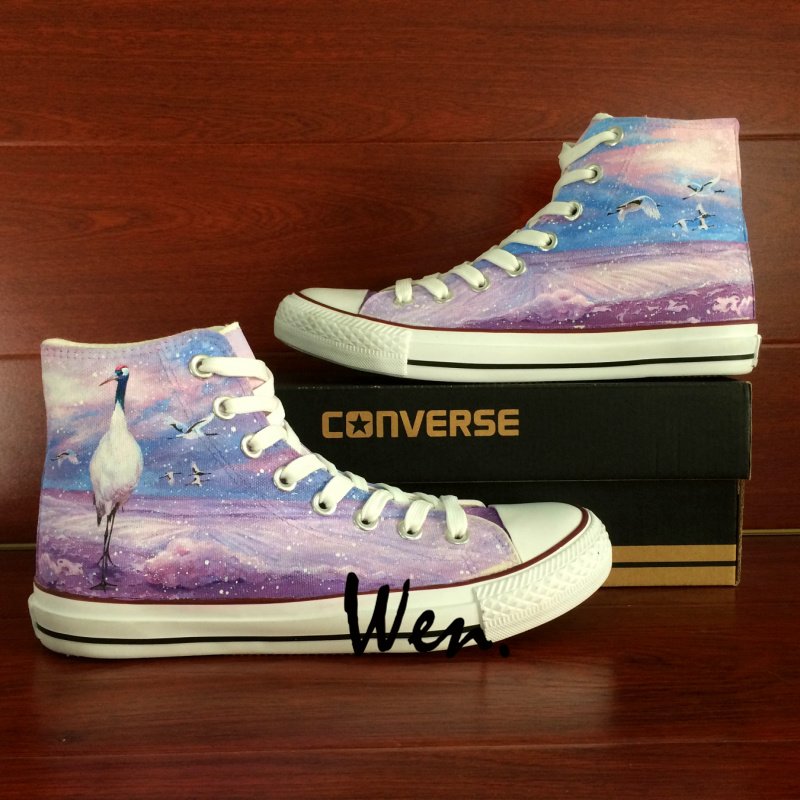 Custom Hand Painted Shoes Converse All Star Red-crowned Crane High Top Canvas Sneakers Gifts