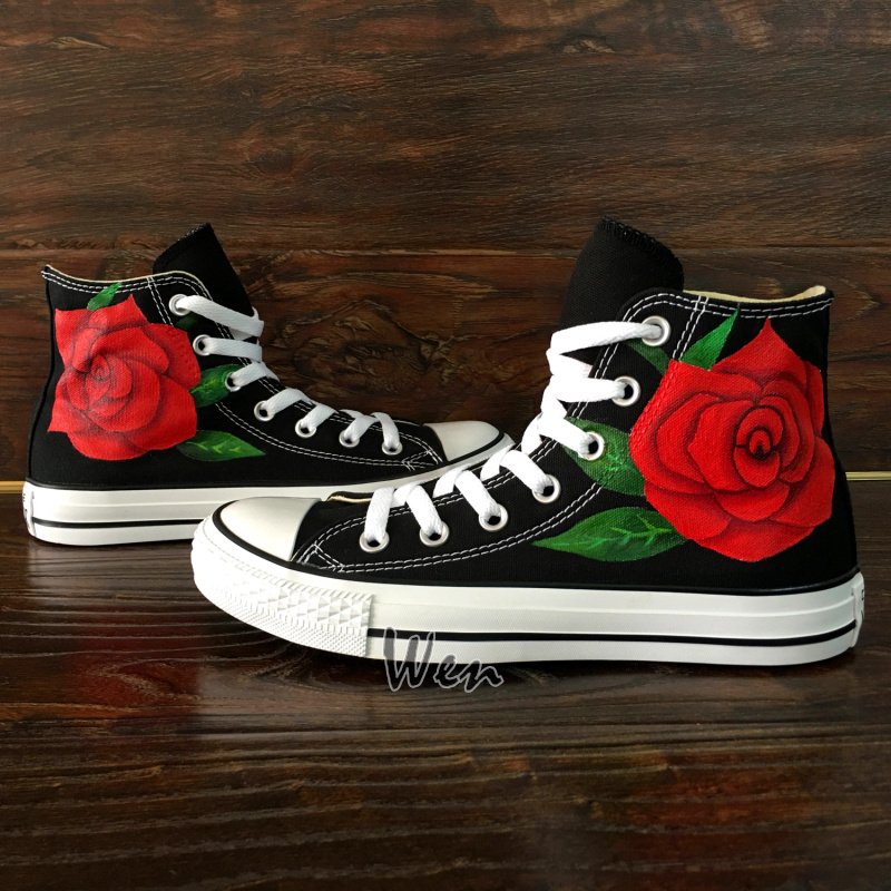 Original Red Rose Flower Converse All Star Hand Painted Canvas Shoes Floral Canvas Sneakers