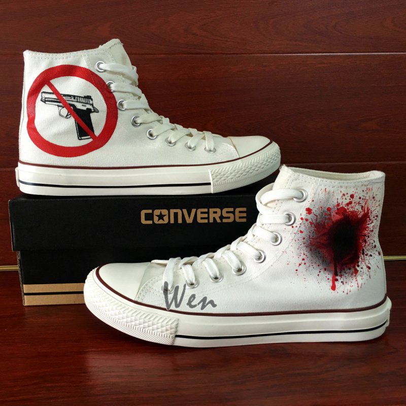 Original Design Hand Painted Shoes GUN BANS White High Top Canvas Sneakers