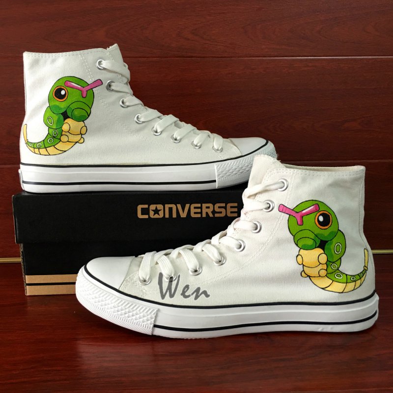 Anime Design Pokemon Caterpie Converse All Star Hand Painted Shoes Men Women's Canvas Sneakers