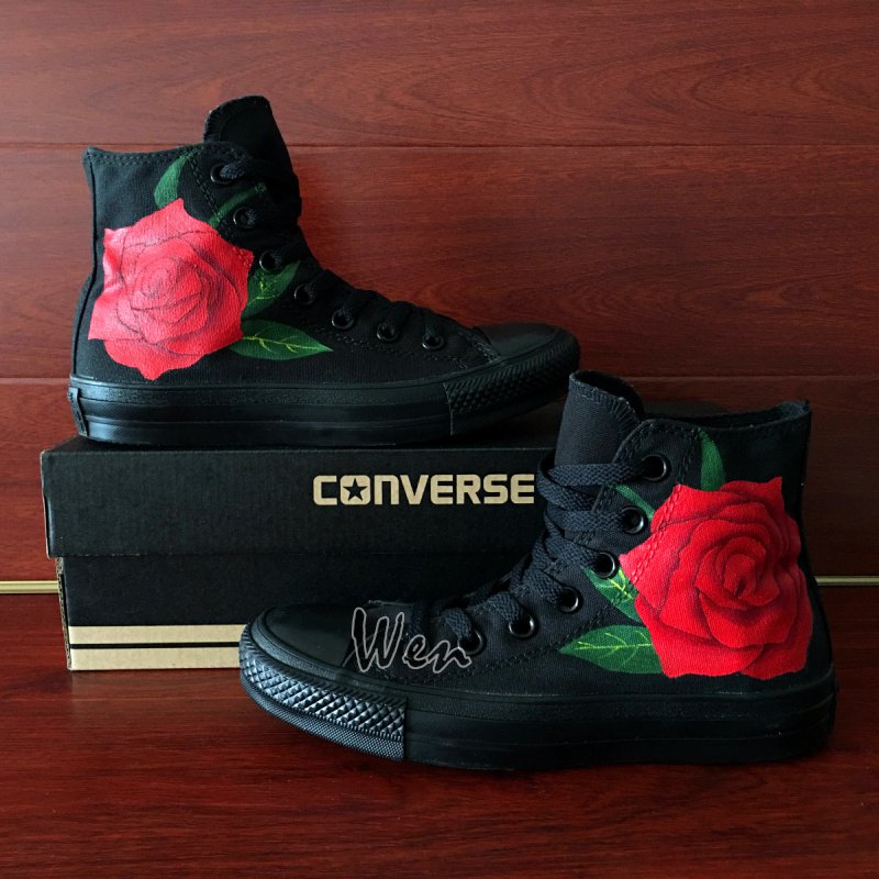 Hand Painted Flower Shoes Original Design Red Rose Converse Chuck Taylor Sneakers