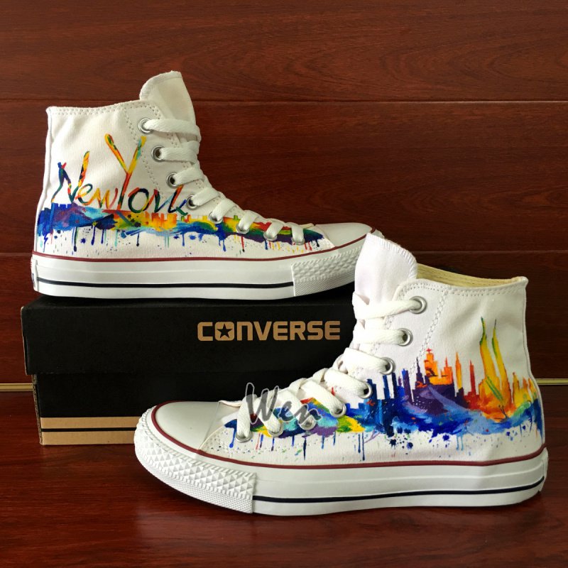 Original Design New York Skyline Hand Painted Shoes Unisex Converse All Star Canvas Sneakers