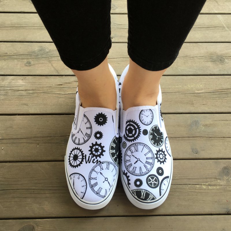 Wen Time Gears Hand Painted Slip On Shoes Original Design White Canvas Sneakers