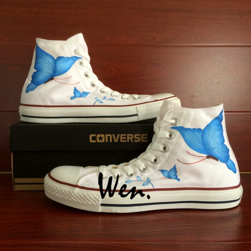 Original Design Hand Painted Shoes Blue Butterfly Converse All Star High  Top Canvas Sneakers