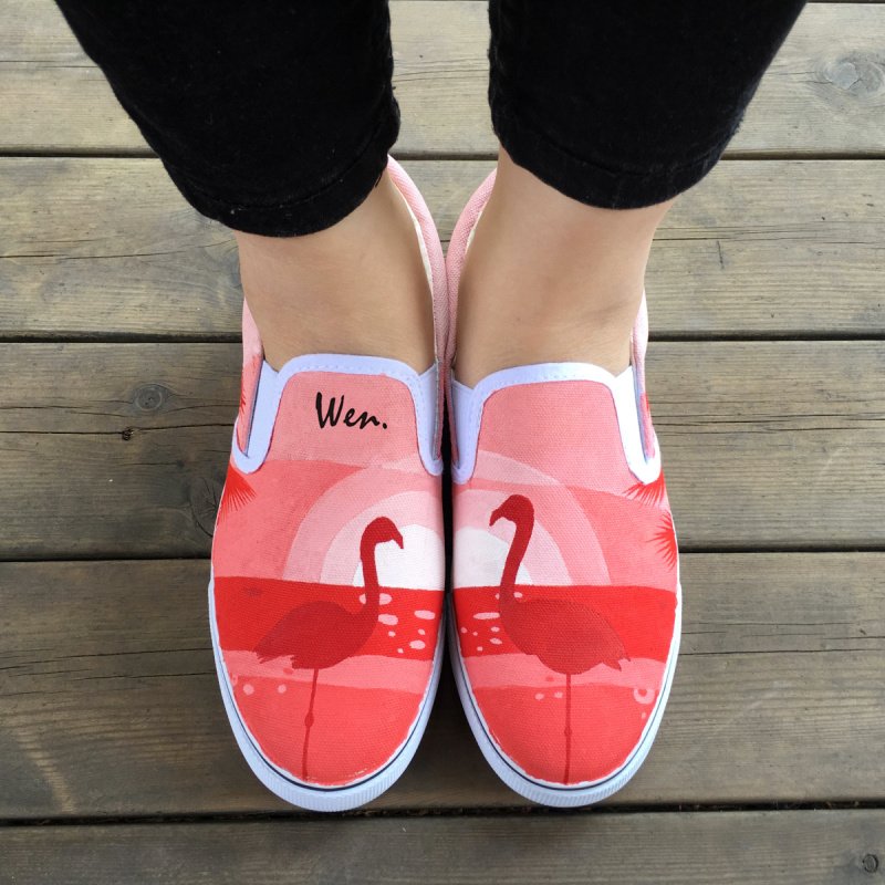 Wen Original Flamingo Bird Hand Painted Shoes Man Woman's Canvas Sneakers Slip on Flats