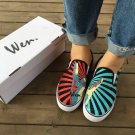 Wen Rock and Roll Gesture Red Blue Stripes Design Hand Painted Canvas Shoes Slip on Sneakers