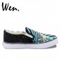 Wen Rock and Roll Gesture Red Blue Stripes Design Hand Painted Canvas Shoes Slip on Sneakers