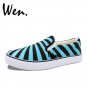 Wen Rock and Roll Gesture Red Blue Stripes Design Hand Painted Canvas Shoes Slip on Sneakers