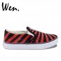 Wen Rock and Roll Gesture Red Blue Stripes Design Hand Painted Canvas Shoes Slip on Sneakers