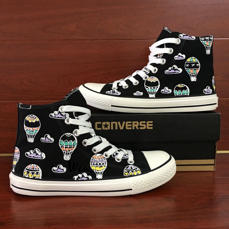 Original Design Hand Painted Canvas Sneakers Fire Balloons Clouds Black High Top Converse Shoes