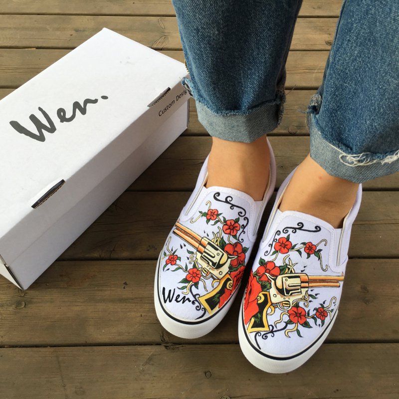 Wen Slip on Shoes Design Gun Revolver with Flowers Hand Painted Canvas Sneakers