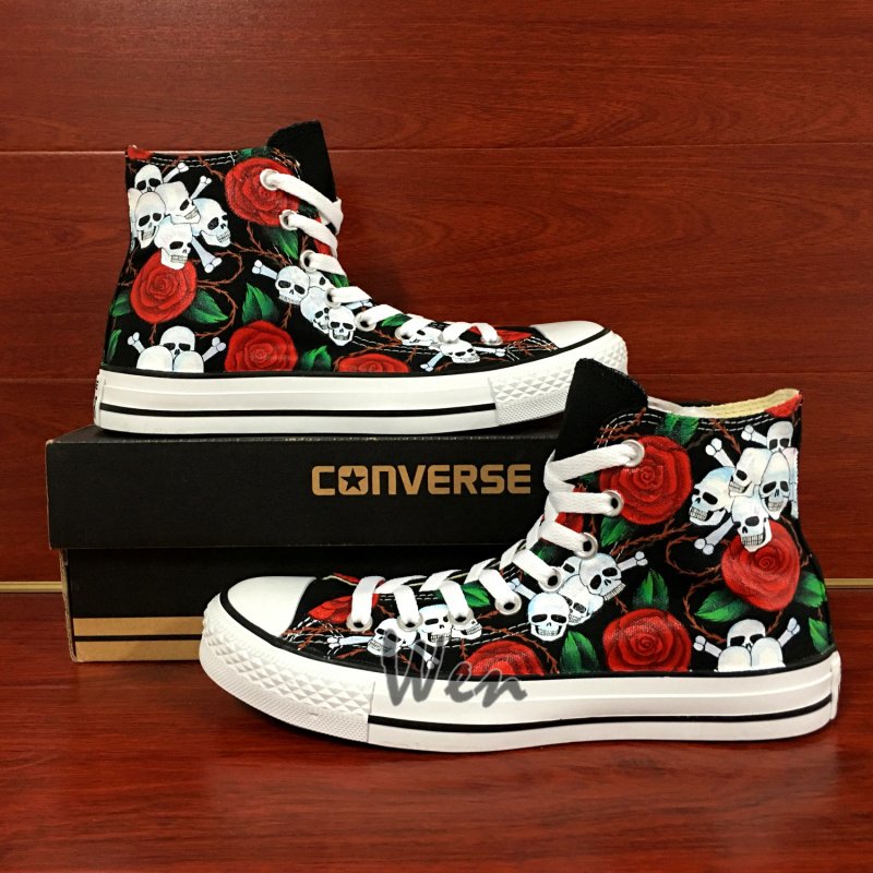 Original Design Skulls Red Roses Flowers Hand Painted Shoes Unisex ...