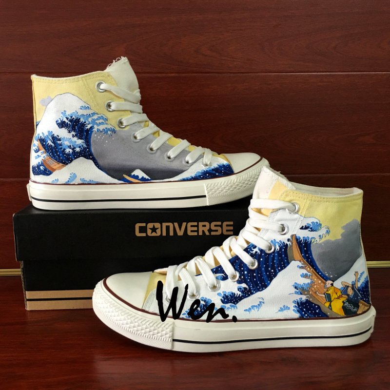 Converse All Star Shoes Men Hand Painted Shoes Canvas Sneakers Design Ukiyoe Wave