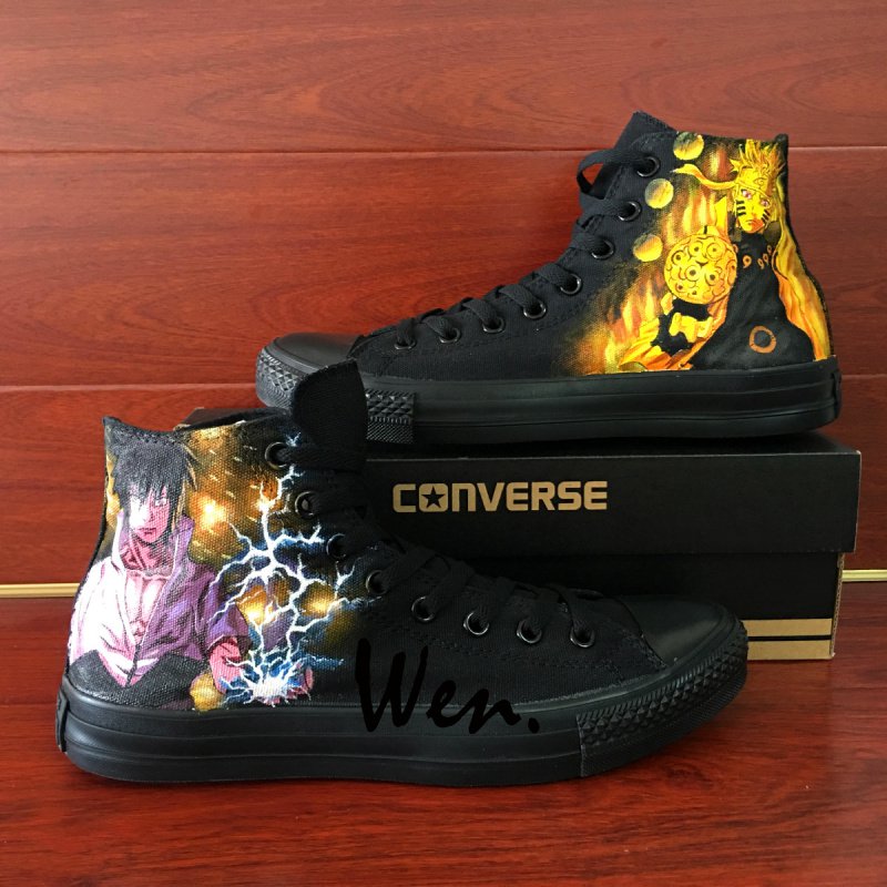 Men Women Shoes Hand Painted Naruto Sasuke Canvas Sneakers High Top All Black Converse All Star