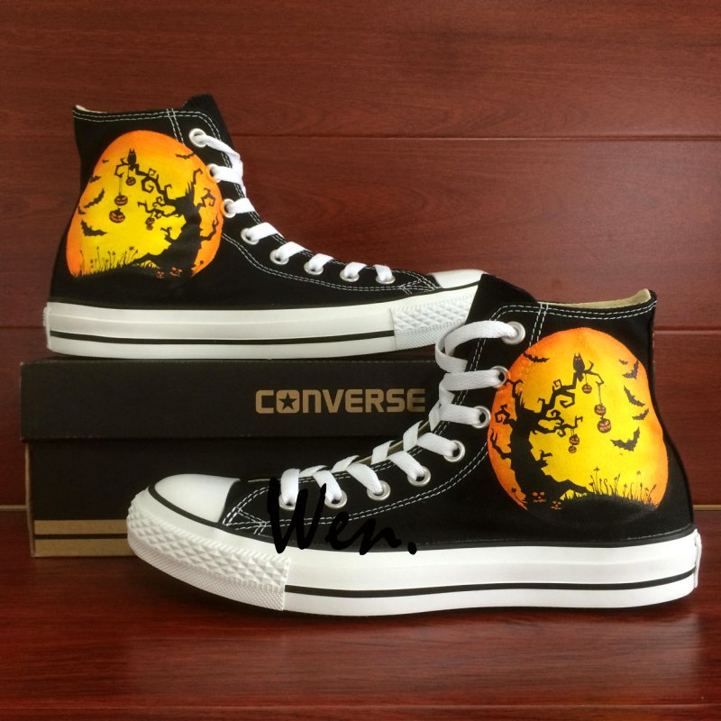 Halloween Shoes Hand Painted Pumpkin Lamp Bats Unisex Converse All Star