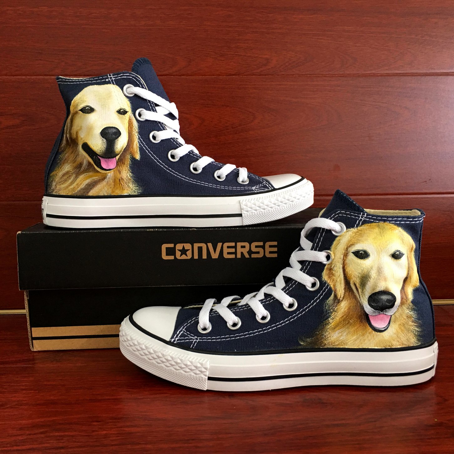 Blue Converse Shoes Hand Painted Pet Dog Golden Retriever Custom Design 