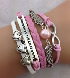 NEW PINK WHITE Infinity Heart Wing Pearl Leather Charm FASHION Bracelet Silver-O